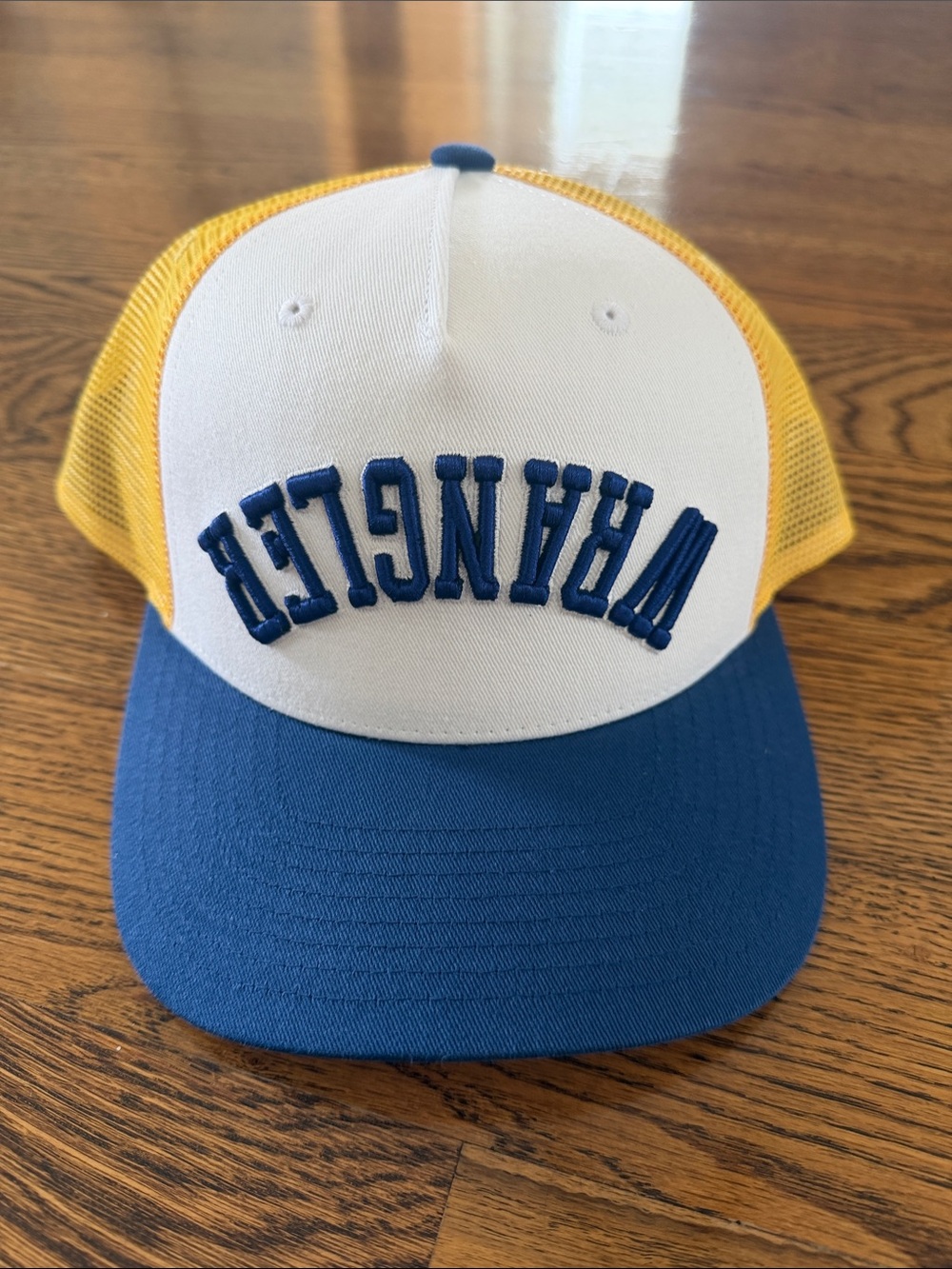 Wrangler Upside Down Logo White Blue Yellow Mesh Trucker Hat